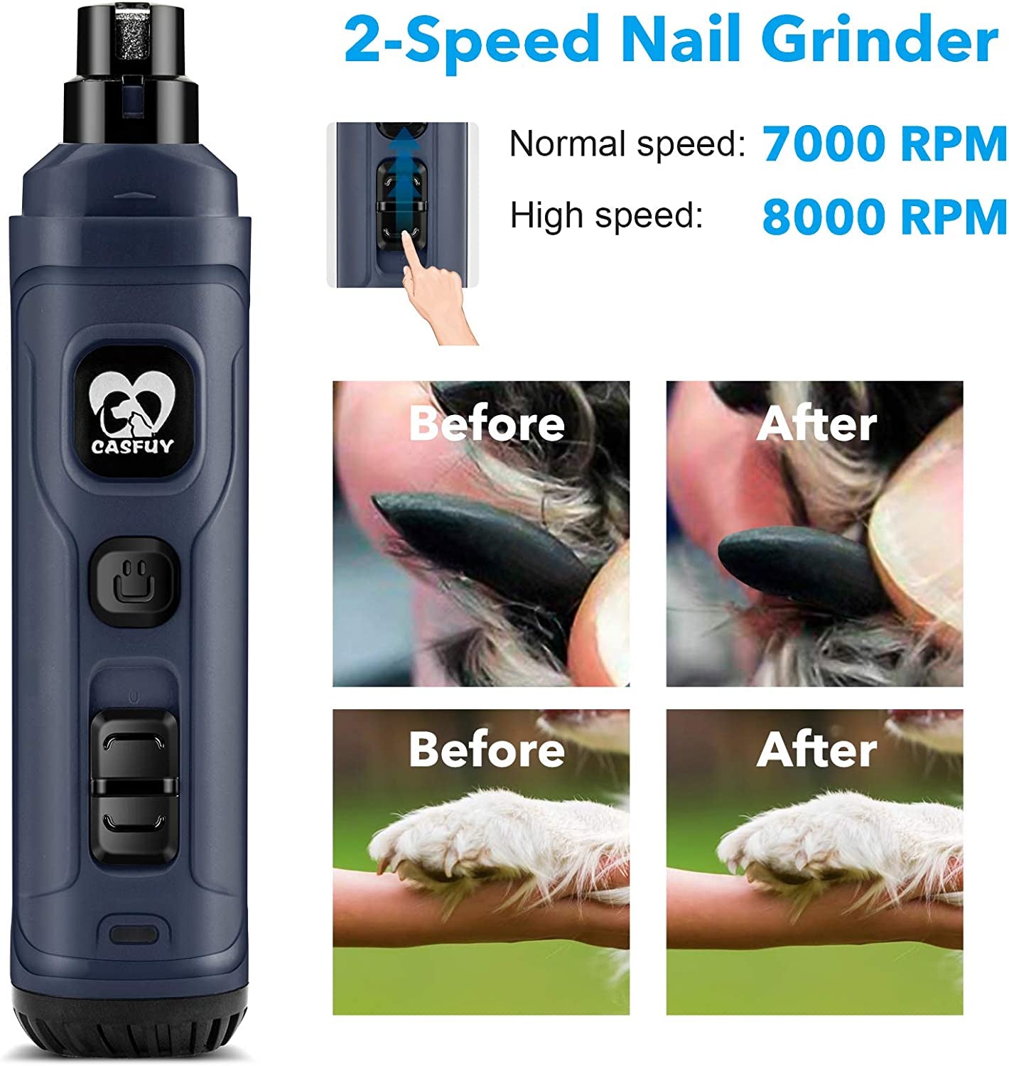 Quiet Electric Dog Nail Grinder – 2-Speed LED Pet Nail Trimmer for Painless Grooming, Safe for Small, Medium & Large Dogs and Cats