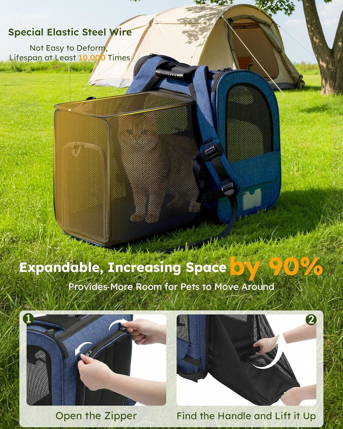 Expandable Cat & Small Dog Backpack Carrier – Breathable 4-Side Mesh, Hands-Free Travel Pack for Hiking & Camping, Fits Pets Up to 11 lbs