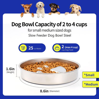 Slow Feeder Dog Bowls, 304 Stainless Steel Metal Slow Feeder Dog Bowl, Suction Cup anti Flip,2X Non-Slip,2-4 Cups, for Small & Medium Breed（Weighs 0.45 Pounds）