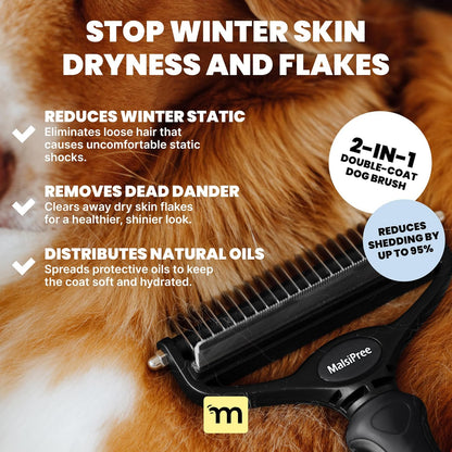 2-in-1 Dog Dematting & Deshedding Brush – Undercoat Rake for Medium to Large Double-Coated Dogs & Cats, Reduces Shedding Fast